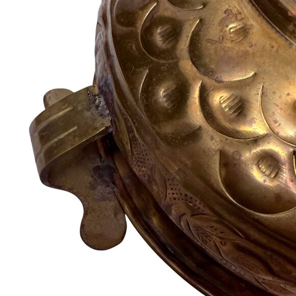 Hammered Metal Bowl with handles 8.75" Round Boho Rustic Decor Brass Tone - Picture 13 of 15